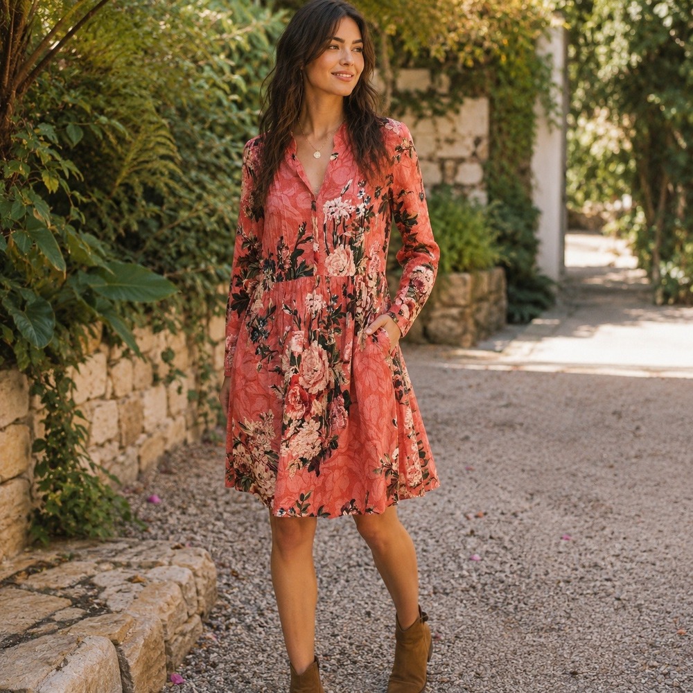 Peruvian Connection Coral Pink Floral Long Sleeve Viscose Dress XS Pockets